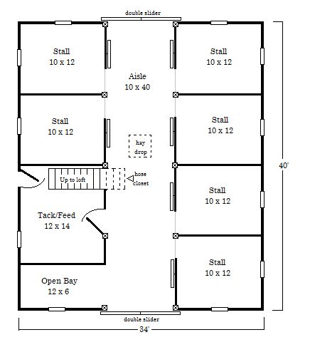 Barn Plan 1.  I imagine it in that black barn I have pinned on the same board, with a few door and window modifications 12x12 Tack Room Ideas, 6 Stall Horse Barn Plans, 4 Stall Horse Barn Plans, Barn Floor Plans, Horse Farm Layout, Feed Room, Barn Layout, Horse Farm Ideas, Diy Horse Barn