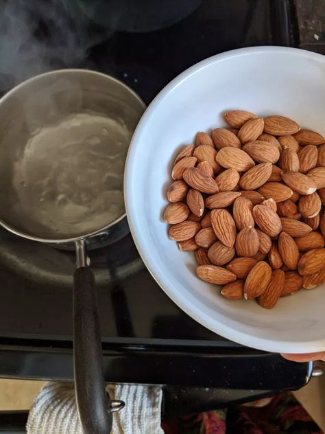 How to Blanch Almonds | The Canned Peaches Project Kitchen Skills, Blanched Almonds, Metal Bowl, Canned Peaches, Grocery Store, Hazelnut, Almond, Bowl