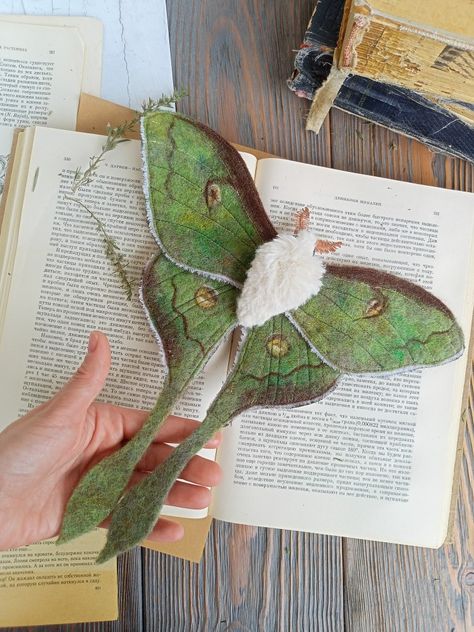 Felt Luna Moth, Hand Sewn Animals, Needle Felted Insects, Green Felt Crafts, Needle Felted Butterflies, Felting On Clothes, Needle Felted Moth, Needle Felted Butterfly, Needle Felting Art