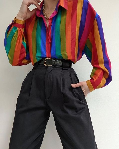 Outfit Inspirations Colorful, Funky Button Up Shirt Outfit, Alternative Fashion Colorful, Button Up Short Sleeve Shirt Outfit, Colorful Button Up Shirt Outfit, Colorful Edgy Outfits, Nonbinary Clothes, Colorful Alternative Fashion, Clowncore Outfit