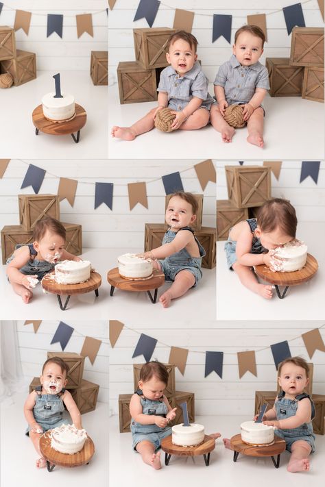 Photo collage of six images from a rustic twin cake smash session. The color theme included blue, tan and natural wood. Cake Smash Sibling Photos, Twin Smash Cake Pictures, Cake Smash Twins, Boy Cake Smash Ideas, Rustic Cake Smash, Twins Cake Smash, Cake Smash Blue, Simple Cake Smash, Twin Cake Smash