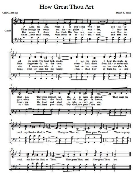 Free Choir Sheet Music - How Great Thou Art Gospel Song Lyrics, Hymns Of Praise, Hymn Sheet Music, Hymn Music, Church Songs, Hymns Lyrics, Praise Music, Bible Songs, Christian Song Lyrics