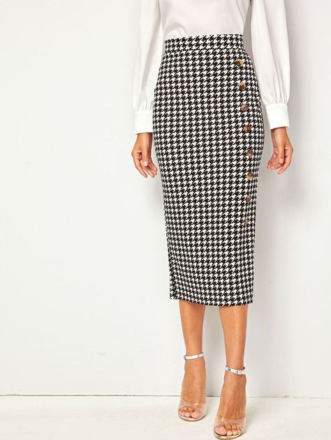 Wide Waistband Button Front Split Back Houndstooth Skirt | SHEIN USA Straight Skirt Outfits, Pencil Skirt Work, Pencil Skirt Casual, Houndstooth Pencil Skirt, Pencil Skirt Outfits, Houndstooth Skirt, Rock Outfit, High Waisted Pencil Skirt, Fall Skirts