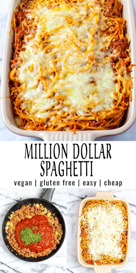 Filling, easy and budget friendly: these Million Dollar Spaghetti are made with simple ingredients, satisfying, and enjoyable for the whole family. Even pickiest kids and hubbies won't tell it is vegan. #vegan #dairyfree #vegetarian #glutenfree #dinner #lunch #mealprep #contentednesscooking #freezermeals #milliondollarspaghetti Easy Simple Vegan Dinner, Gluten Free Million Dollar Spaghetti, Vegan Million Dollar Spaghetti, Easy Gf Vegetarian Dinner Recipes, Quick Easy Meatless Dinner, Vegan Recipes Family, Easy Vegan Pasta Dinner, Vegetarian Kids Dinner, Kid Vegan Recipes