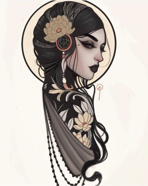 Dark Princess Tattoo Ideas, Neotrad Woman Face, Lady Face Tattoo Neotraditional, Neotraditional Tattoo Lady, Lady Face Tattoos, How To Draw Neo Traditional, Neotraditional Woman Face, Neotrad Lady Face, Neotraditional Lady Head