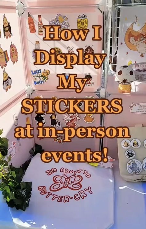 Pop Up Shop Sticker Display Ideas, Vendor Booth Sticker Display, Ways To Display Stickers For Sale, Craft Fair Sticker Display Ideas, Vendor Booth Display Ideas Stickers, Sticker Selling Display, Displaying Stickers For Sale, Sticker Display For Craft Show, Craft Show Sticker Display