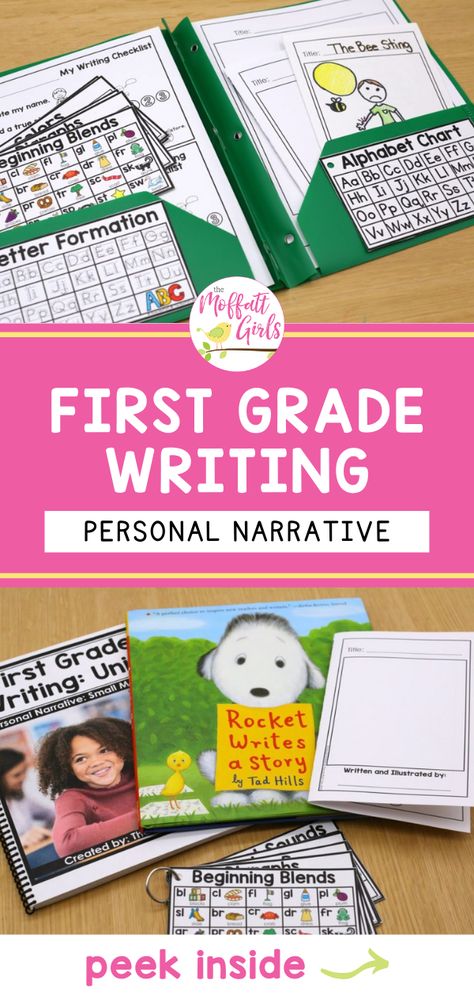 First Grade Writing Curriculum, Blends Lesson First Grade, First Grade Writing Folder, 1st Grade One Day Art Lesson, Writing Lessons For First Grade, Lesson Plans For First Grade, Writers Workshop First Grade, Personal Narrative First Grade, Writing Folders First Grade