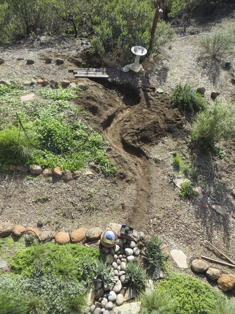 Dry Bed Stream, Dry Creek Bed Sloped Yard, Dry Creek Bed On Steep Slope, Dry Creek Design, Dry Creek Bridge, Dry Creek Bed For Drainage Slope, Dry Stream Bed Drainage, Creek Landscaping Natural, Diy Dry Creek Bed For Drainage