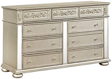 Benjara 9 Drawers Dresser with Ornate Carving and Bun Feet Support, Silver Traditional Bedroom Sets, Upholstered Bedroom Set, Nightstand Dresser, Bed Nightstand, Eastern King Bed, Upholstered Bedroom, Home Furnishing Stores, 9 Drawer Dresser, Luxury Loft