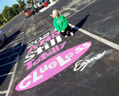 Clueless Senior Parking Spot, Legally Blonde Parking Spot, Clueless Parking Spot, Senior Spot Ideas, Cute Parking Spot Painting Ideas, Highschool Parking Spot Ideas, Painted Parking Spaces Ideas, Senior Spots, Unique Senior Parking Spot Ideas