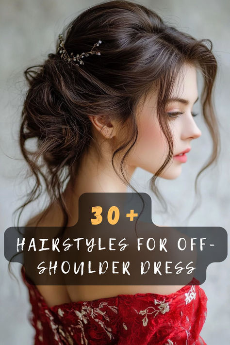 Planning to wear an off-shoulder dress? 💃 Check out 30+ stunning hairstyles that will perfectly complement your outfit. From chic braids to soft curls, there’s something for every occasion. Click now to find the best hairstyles that will make your look unforgettable! 🌺✨ #Hairstyles #OffShoulderDress #FashionInspiration #Beauty #HairTips #StylishLooks #GlamUp Hairstyles On Off Shoulder Dress, Accessories For Off The Shoulder Dress, Best Hair For Off The Shoulder Dress, Over The Shoulder Hairstyles Wedding, Best Hairstyles For One Shoulder Dress, Bridal Hair Off Shoulder Dress, Wedding Hair With Off The Shoulder Dress, Updos For One Shoulder Dresses, Hairstyle Off Shoulder Dress