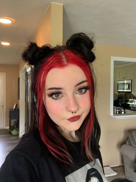 tiktok egirl hair money pieces red and black Red Hair With Black Front Pieces, Black Hair With Two Front Pieces Dyed, Half Black Half Cherry Red Hair, Colored Front Hair Streaks, Red Hair Front Pieces, Red Front Hair, Red Front Pieces Hair, Two Red Streaks In Front Of Hair, Front Hair Dyed Streaks Red