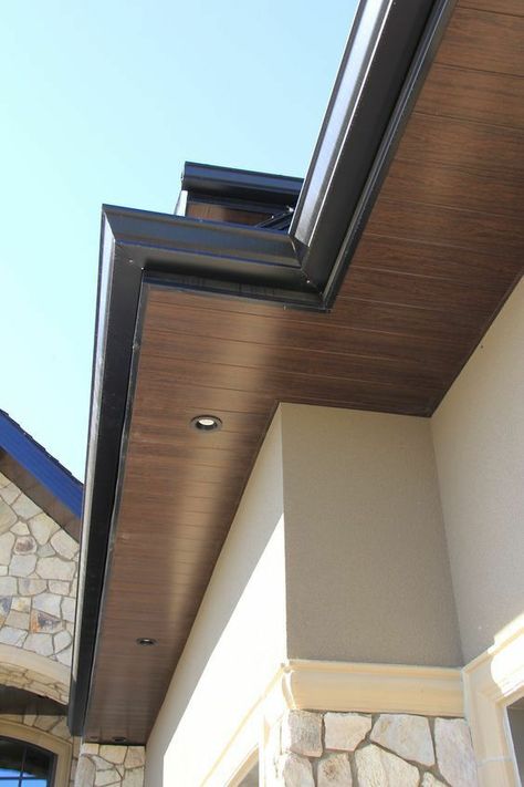 Wood Soffits Exterior, Wood Eves Exterior, Black Fascias And Soffits, Wood Eaves Exterior, Wood Soffit Exterior Modern, Modern Soffit Exterior, Wood Look Soffit Exterior, Soffit Colors Exterior, Black Eaves Exterior