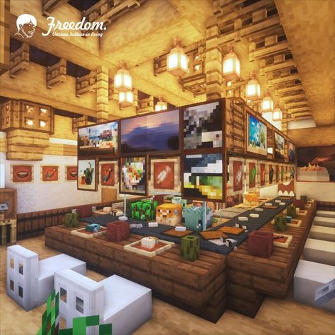 Minecraft Ball Room Ideas, Minecraft Hotel Interior Ideas, Minecraft Sushi Bar, Minecraft Sushi Restaurant, Minecraft Music Room, Minecraft Bar Ideas, Minecraft Restaurant Interior, Minecraft Market Ideas, Minecraft Bakery Interior