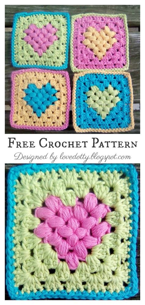 Heart Granny Square, Crocheted Squares, Sunburst Granny Square, Granny Square Crochet Patterns Free, Crochet Heart Pattern, Manta Crochet, Haken Baby, Crochet Square Patterns, Granny Squares Pattern