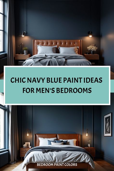 Masculine bedroom featuring navy blue walls and industrial-style lighting Blue Paint Ideas, Navy Bedroom Walls, Navy Accent Walls, Sports Room Boys, Navy Blue Paint, Navy Bedrooms, Masculine Bedroom, Navy Walls, Navy Blue Walls