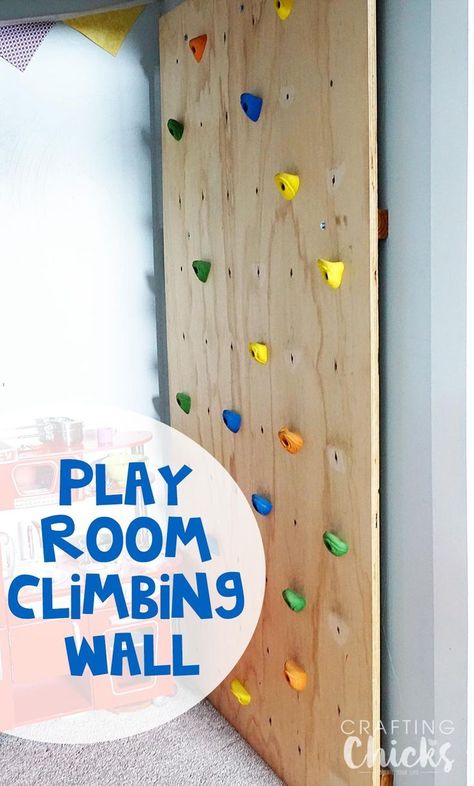 DIY Indoor Climbing Wall - A fun addition to a play room! Plywood Climbing Wall, Diy Indoor Rock Climbing Wall, Diy Kids Rock Climbing Wall, Diy Indoor Rock Wall For Kids, Diy Rock Climbing Wall, Toddler Climbing Wall, Kids Rock Climbing, Diy Climbing Wall, Climbing Wall Kids