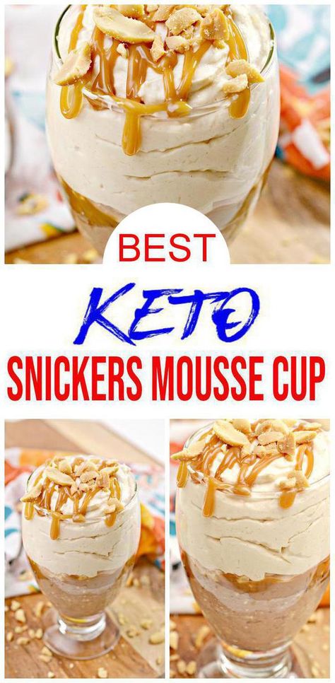 gluten free Snickers mousse for low carb ketogenic diet desserts, snacks or party food Keto Snickers, Keto Mousse, Galletas Keto, Keto Pudding, Keto Chocolate Mousse, Mousse Cups, Snickers Candy, Peanut Butter Mousse, Desserts Keto