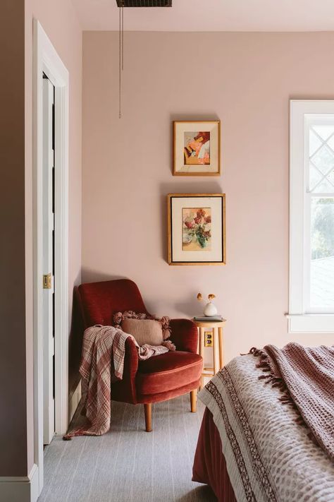 Dark Pink Interior Design, Pale Pink Master Bed, Subtle Pink Walls, Pink And Brown Aesthetic Room, Plaster Pink Bedroom, Bedroom Color Drenching, Bedroom Beadboard Walls, Pale Pink Walls, Owners Bedroom