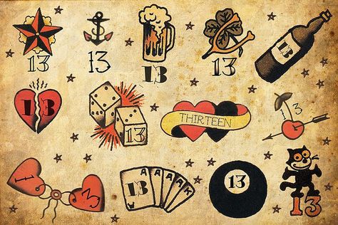 Sailor Jerry "Lucky 13" tattoo flash 13 Traditional Tattoo, Lucky 13 Tattoo Design, Stanley Kowalski, Lucky 13 Tattoo, Poster Tattoo, Sailor Jerry Flash, Sailor Jerry Tattoo Flash, Tato Tradisional, Friday The 13th Tattoo