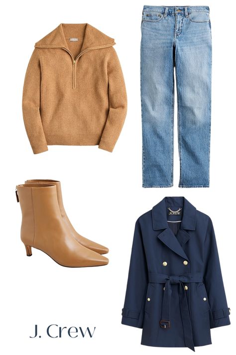 J. Crew fall/ winter pieces in neutral colors. • Fall outfit • Quarter zip sweater • Mid rise denim • Leather boots • Navy blue coats jackets • Capsule wardrobe • Capsule closet pieces • Neutral outfits • Everyday outfits • Denim jeans • J crew style • classic straight jeans • Camel color sweater • trench coat #ootd #casualstyle #casualchicstyle #denimoutfits #jcrew #fashion #fallfashion Sweater Trench Coat, Camel Color Sweater, Coat Ootd, Abercrombie Outfits, J Crew Fall, Classic Straight Jeans, Navy Blue Coat, Capsule Closet, J Crew Style