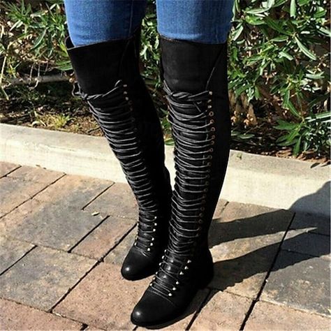 Leather Over The Knee Boots, Army Boots, Faux Leather Boots, Round Toe Shoes, Walking Shoes Women, Spring Fashion Outfits, Biker Boots, Thigh High Boots, Lace Boots