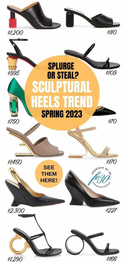 The sculptural heels trend is big for Spring/Summer 2023. Shop logo, geometric, ball and bottle shaped heels, and curved wedge heels. #shoes #shoetrends #spring2023 #fashion #style Luxury Spring Heels With Sculpted Heel, Spring2023 Fashion, Bold Sculpted Heel For Spring, Spring Heels With Sculpted Open Heel, Trendy Sculpted Heel Sandals For Spring, Spring Heels With Sculpted, Open Heel, Sculptural Heels, Logo Geometric, Fancy Heels