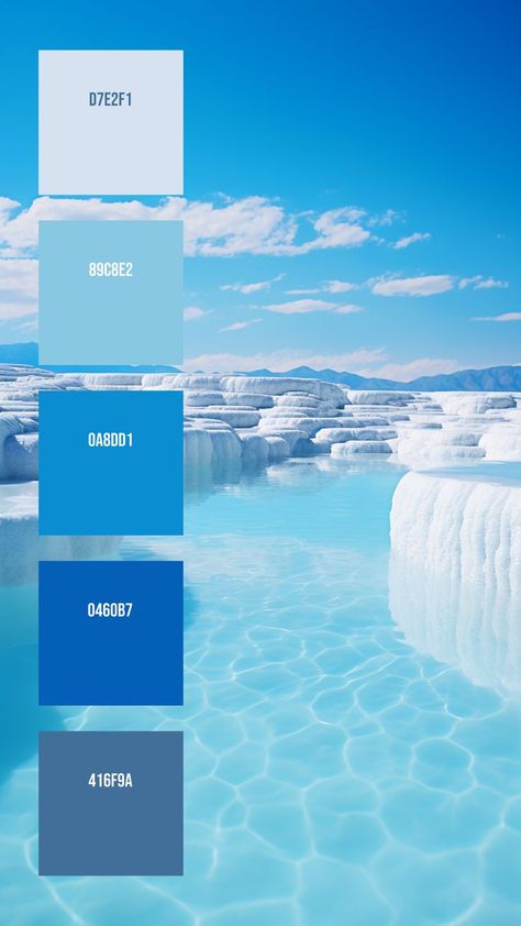 Colors: D7E2F1 ° 89C8E2 ° 0A8DD1 ° 0460B7 ° 416F9A Terraced Landscape, Blue Color Pallet, Blue Pallets, Christmas Color Palette, Hex Color Palette, Water Aesthetic, Barn Quilt Designs, White Landscape, Color Schemes Colour Palettes