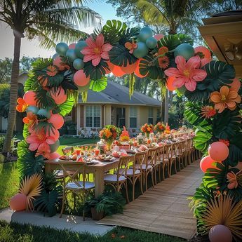 Post by Party Spot！ Hawaiian Themed Bday Party, Luau Entrance Decorations, Hawaii Theme Pool Party, Spring Break Party Ideas, Mickey Mouse Luau Party, Tropical Christmas Centerpieces, Hawaiian Birthday Party Aesthetic, Lau Theme Party, A Luau Party Ideas