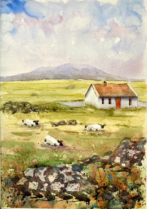 Scotland Watercolor Paintings, Watercolor Building, Irish Cottages, Irish Landscapes, Scottish Cottage, Cottage Illustration, Scottish Cottages, Landscape Watercolour, Higher Art