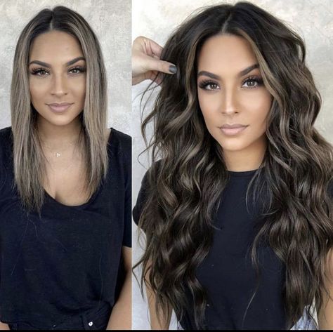 Black Hair To Blonde Before And After, Dark Hair Extensions Before And After, Extensions Before And After, Dark Hair Extensions, Bayalage Dark Hair, Blonde To Brunette Before And After, Brown Hair Olive Skin, Hairby Chrissy, Hair Dye Tips