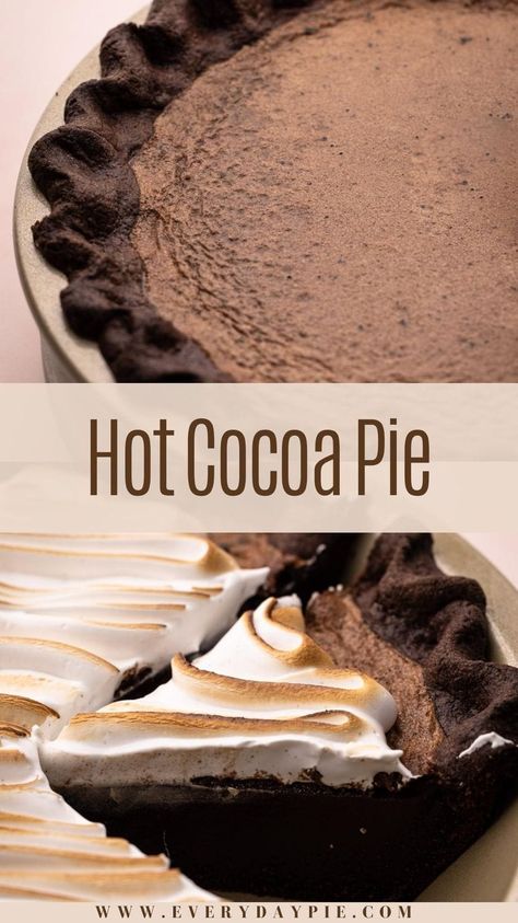 This Hot Cocoa Pie features a chocolate shortbread crust with a silk smooth milk chocolate filling and a melty marshmallow topping. Hot Cocoa Pie Recipe, Hot Chocolate Pie Recipe, Creme Pie Recipe, Christmas Pie Recipes Holidays, Hot Chocolate Pie, Chocolate Marshmallow Pie, Chocolate Ganache Pie, Pie With Chocolate Crust, Chocolate Eggnog Pie