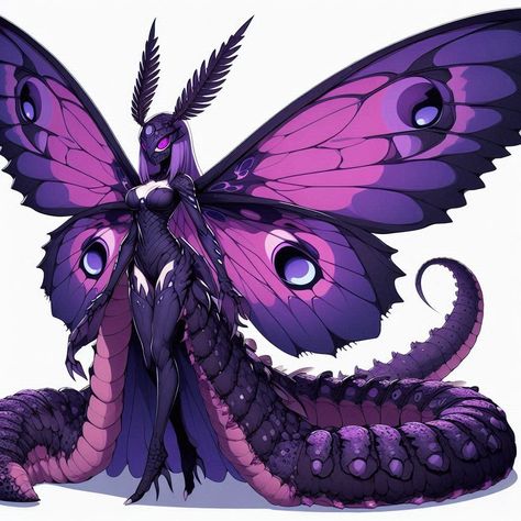 Butterfly Monster Art, Snake Monster Art, Insectoid Art, Fantasy Species Humanoid, Moth Monster, Butterfly Character Design, Butterfly Hybrid, Purple Creature, Plant Creature