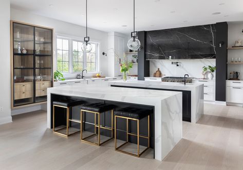 Luxury Kitchens Double Island, Modern Double Island Kitchen, Double Island Modern Kitchen, Three Island Kitchen, Kitchen Remodel Double Island, 2 Islands In Kitchen, Shaped Kitchen With Island, White Kitchen With Large Island, Double Kitchen Islands Layout