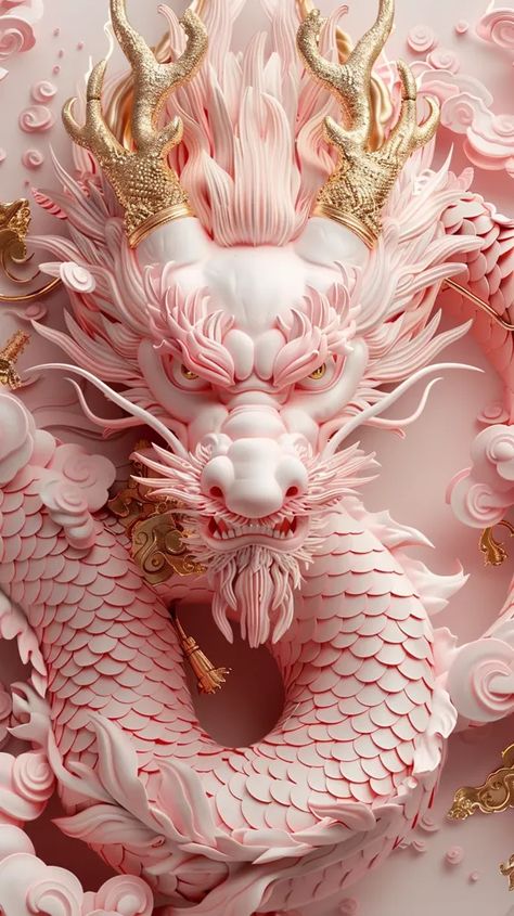 A pink and white dragon with golden antlers is depicted. Rose Dragon, Pink Dragon Aesthetic, Dragon Chinese, Dragon Scales, Chinese Zodiac Dragon, Dragon Chino, Chinese Background, Chinese New Year Dragon, Asian Dragon