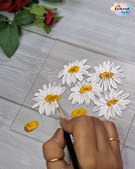 Beautiful daisies painting on Acrylic sheet | Beautiful daisies painting on Acrylic sheet | By My colored hands Clear Acrylic Sheet Painting, Painting On Clear Acrylic Sheet, Painting On Plastic Sheet, Painting On Acrylic Sheets Diy, Painting On Glass Sheet, Painting On Acrylic Sheets, Paint On Acrylic Sheet, Acrylic Sheet Art, Acrylic Sheet Painting