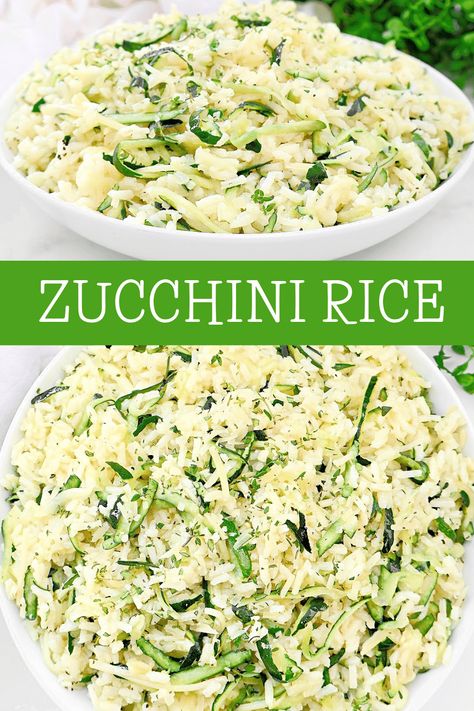 Zucchini Rice ~ A simple and flavorful side dish featuring creamy rice and fresh garden zucchini, perfect for late summer! Vegetarian and Vegan.  via @thiswifecooks Zucchini And Rice, Cheesy Zucchini Rice, Zucchini Rice, Grandma Kitchen, Garden Zucchini, Vegan Christmas Recipes, Creamy Rice, Vegan Thanksgiving Recipes, Baked Garlic