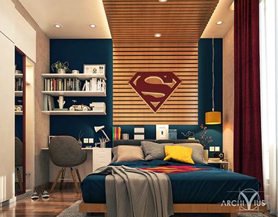 Boy's Superman Bedroom .. Mountain view Superman Room Decor, Superman Room, Superman Bedroom, Bedroom Mountain, Marvel Bedroom, Marvel Room, Modern Style Bedroom, Boy Bedroom Design, Luxury Living Room Design