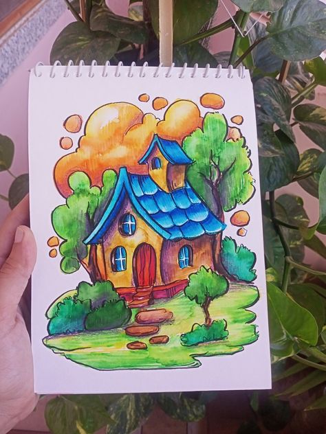 Colourful Scenery Drawing, Drawing Ideas Easy With Color Pencils, Colourful Drawings Easy, Drawing And Colouring Ideas Easy, Pencil Colour Easy Drawing, Aesthetic Colour Pencil Drawing, Pencil Colour Drawing Ideas Easy, Drawing For Class 2 Students, Colorful Drawings With Sketch Pens