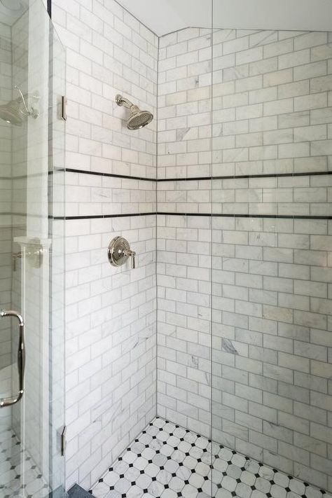 Honed Marble Shower Subway Tiles with Black Pencil Trim - Cottage - Bathroom Subway Tile With Marble Accent, Subway Tile Shower With Pencil Trim, Classic Shower Tile, Marble Subway Tile Bathroom, Corner Shower Tile, Marble Shower Floor, Shower Floor Tiles, Whittney Parkinson Design, Whittney Parkinson