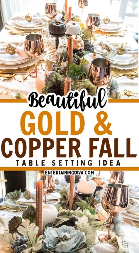 This copper table setting is beautiful! It is perfect for Thanksgiving or fall dinner parties. I love the gold flatware and the centerpiece with vines and copper candles is gorgeous. Thanksgiving Table Settings Copper, Boho Thanksgiving Table Decor, Copper Table Setting, Fall Tablescapes Elegant, Copper Tablescape, Gold Thanksgiving Table, Fall Dinner Parties, Table Setting Fall, Autumn Table Setting