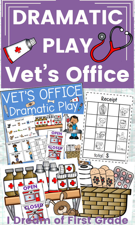 Your students can have a new adventure with the Vet's Office Dramatic Play Set! It is the perfect dramatic play to go with your Pet's Study for Preschool ! Your students are in for a fun learning experience, as they step into the world of pets and vets . This play set turns the learning environment into a print-rich space, where young minds can not only have fun working at the vet's office but also enhance their skills in a variety of educational activities. Vets Office Dramatic Play, Dramatic Play Vet Clinic, Pet Study Creative Curriculum, Dramatic Play Printables Free, Office Dramatic Play, Dramatic Play Printables, Alphabet Centers, Study Topics, Vet Office