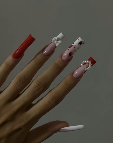 Square Nail Ideas Long, Pink N Red Nails, Valentines Day Nails Douyin, Valentine Nail Inspiration, Red Long French Tip Nails, Valentines Gel X Nails, Long Valentines Day Nails Acrylic, Valentines 2024 Nails, Valentine’s Day Sets Nails