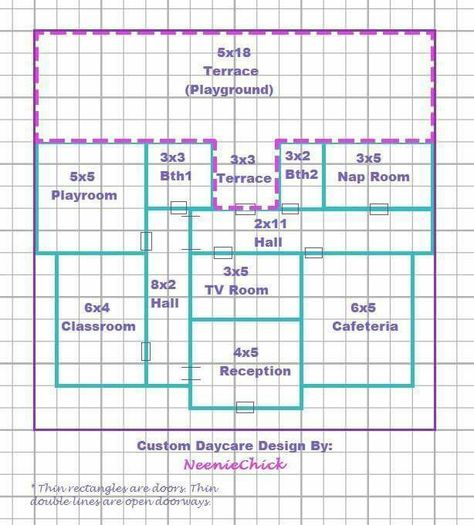 Daycare Layout Floor Plans, Daycare Floor Plans, Daycare Layout, Casas The Sims Freeplay, School Floor Plan, Lotes The Sims 4, School Decal, Daycare Design, Sims Freeplay Houses