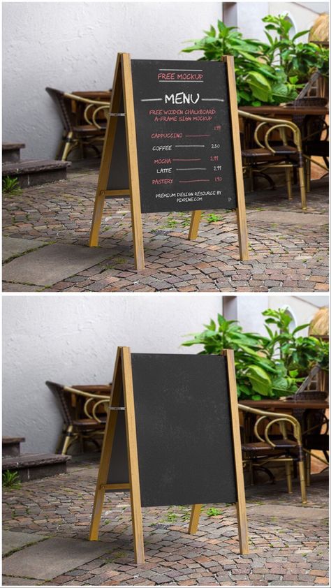 If you are doing a branding design job for a cafe or restaurant then you should look at this free design resource is Free Wooden Chalkboard A-Frame Sign mockup. This free mockup PSD will allow you to display your handwritten on stand banner mockup. #free #mockup #branding #cafe #restaurant #aframe #signboard #chalkboard #menuboard #standsignboard #freemockup #menumockup #outdoorsign #psdmockup Menu Frame Design, Stand Board Design, Menu Stand Design, Cafe Sign Board, Sign Board Design Ideas, Cafe Banner Design, Menu Display Ideas, Cafe Mockup, Cafe Signboard