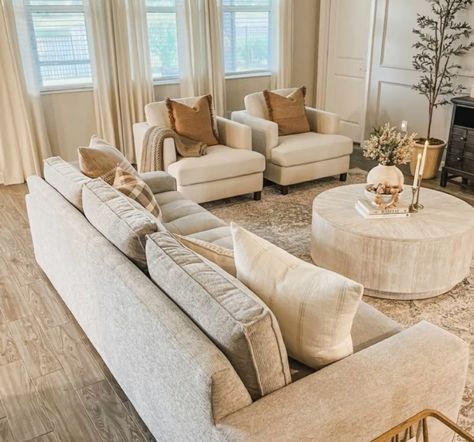 Cream Home Decor Cozy Living, Traditional Cream Living Room, Living Room With Couches Facing, Woven Decor Living Rooms, Ivory Couch Living Room Ideas, Tan And White Living Room Decor, Living Room Designs With Chairs, Tan Living Room Furniture, Tan Couches In Living Room