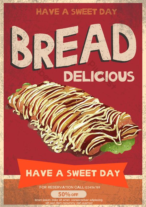 Red retro style bread food poster | PSD Free Download - Pikbest Retro Food Poster, Sausage Bread, Food Promotion, Restaurant Poster, Retro Food, Bread Food, Poster Psd Free Download, Poster Psd, Japanese Sushi