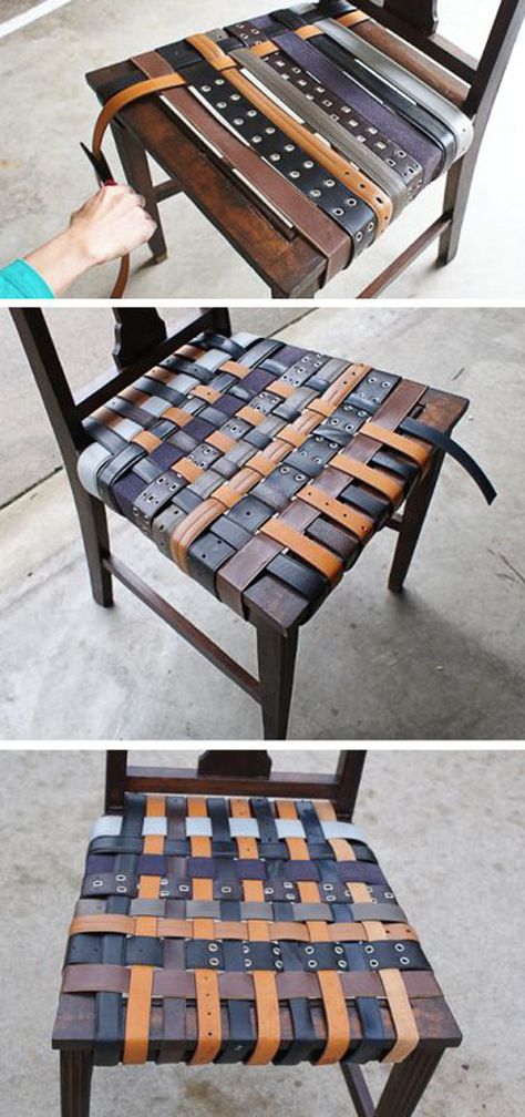 Awesome  Crafts for Men and Manly DIY Project Ideas Guys Love - Fun Gifts, Manly Decor, Games and Gear. Tutorials for Creative Projects to Make This Weekend | DIY Leather Belt Chair  |  http://diyjoy.com/diy-projects-for-men-crafts Kursi Ban, Diy Leather Belt, Décor Steampunk, Diy En Cuir, Diy Projects For Men, Chair Repair, Diy Belts, Manly Decor, Porch Furniture