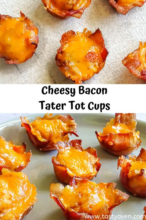 Tater Tot Snacks, Stuffed Tater Tots Recipes, Side Dishes With Bacon, Bacon Tater Tots, Tater Tot Cups, Breakfast Tater Tots, Tater Tot Appetizer Recipes, Bacon Roll Ups, Bacon Wrapped Tater Tots With Cheese