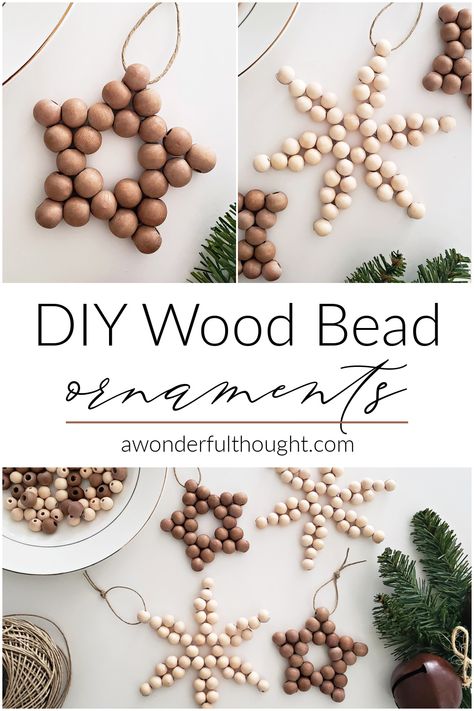 Wood Bead Wreath Ornament Diy, Wood Bead Star Ornament, Wooden Bead Diy Craft Ideas, Diy Bead Wreath Ideas, Wood Bead Snowflake Ornament, Diy Bead Bow Ornaments, Wooden Beads On Christmas Tree, Wood Bead Snowflake, Diy Simple Ornaments